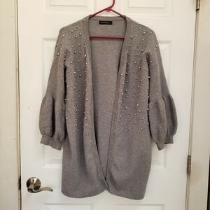 Christine Phillipe Gray Pearl Studded Balloon Sleeve Open Cardigan Sweat…